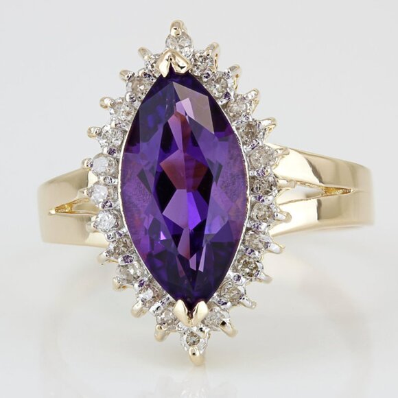 Vintage 14KYG Marquise Amethyst Diamond Anniversary Cocktail Ring Gi